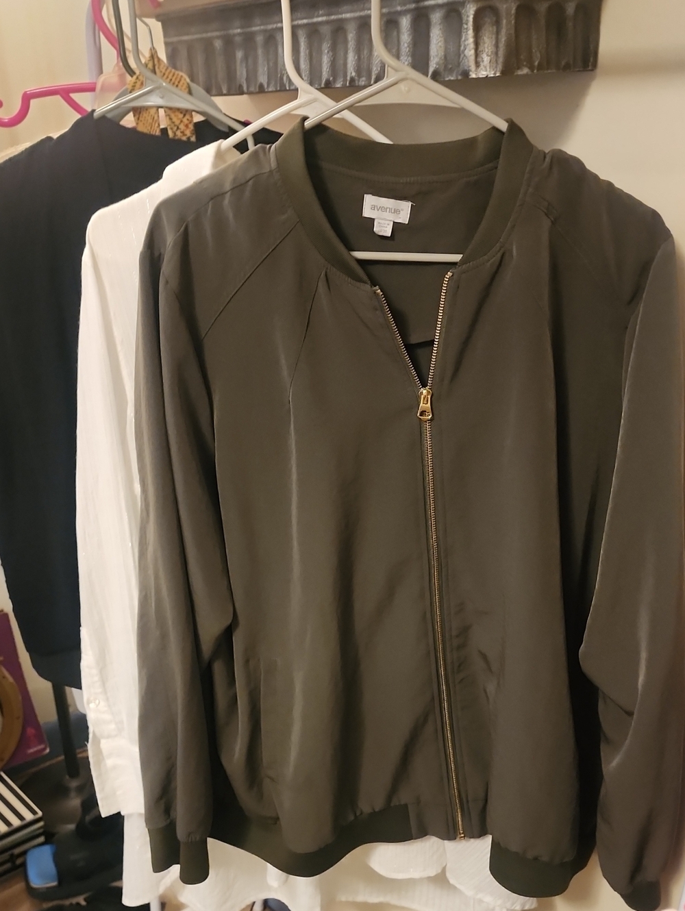Avenue Olive Zip-Up Bomber Jacket with Gold Zipper
